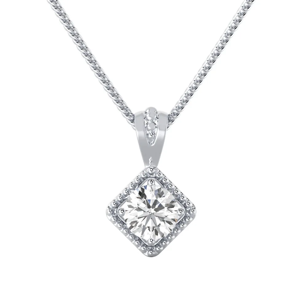 Zoe 1.04ct  Moissanite Solitaire Pendant With Square Beaded Halo Setting In 14k Gold Over 925 Silver